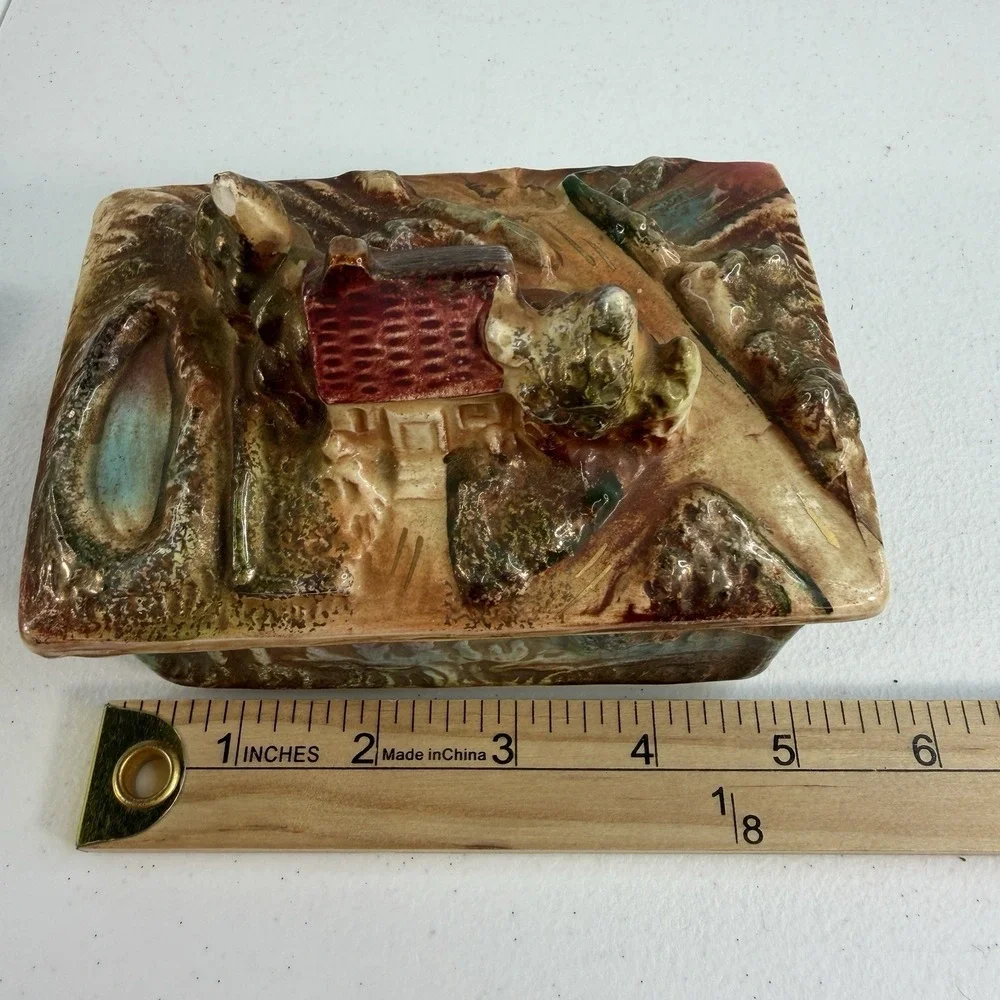 Vtg 50's Hand Paint Porcelain 3-D Trinket Jewelry Box Tray Japan Tree House Lake